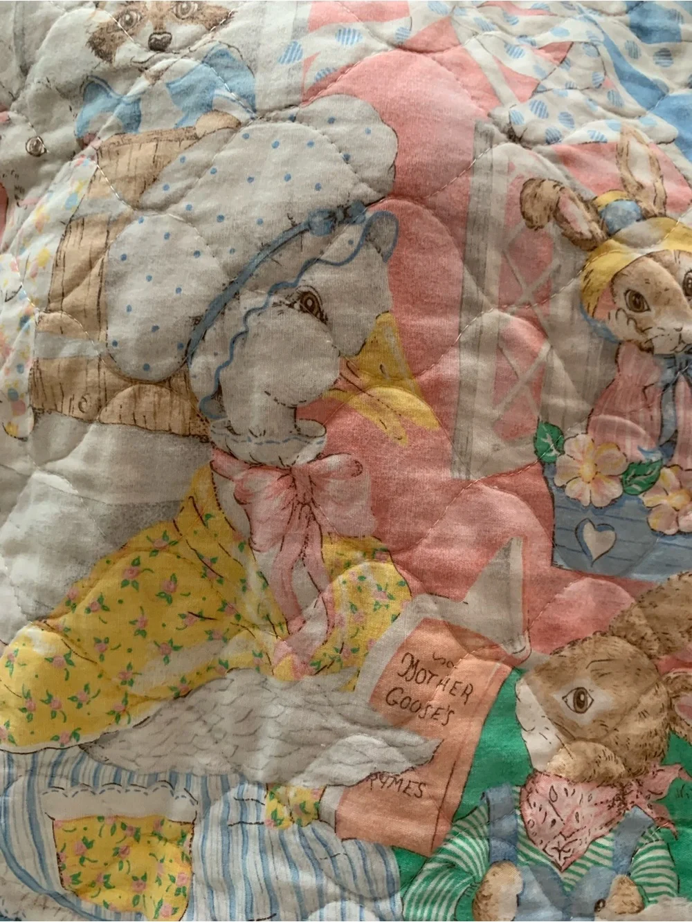 Vintage Quilted Mother Goose Baby Throw w/Trim Pastel Mint & Multi-Color